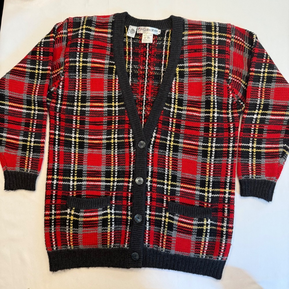 Mens JH Collectibles Wool Plaid Cardigan Sweater Button Front Red Medium